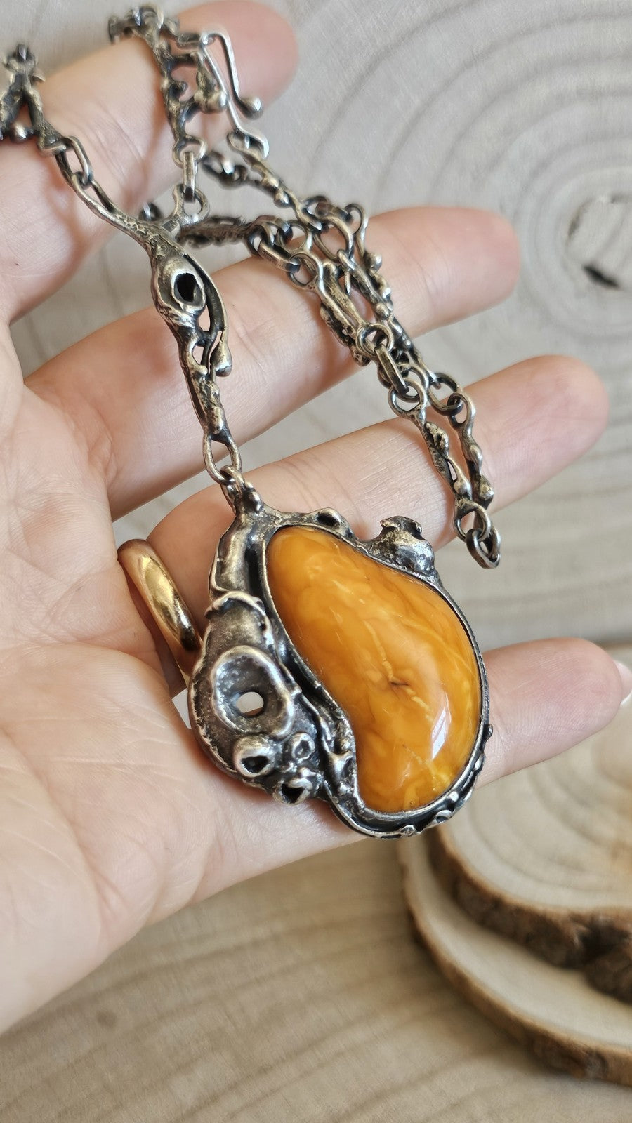 Vintage Polish 800 Silver Amber Brutalist Pendant Necklace TMS Warsaw, 37g