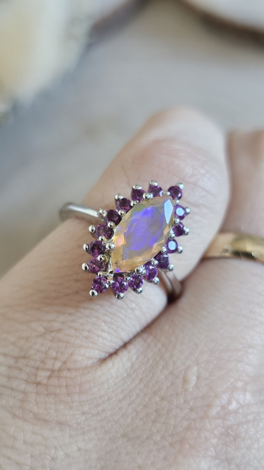 925 Sterling Silver Opal Rhodolite Garnet Halo Statement Ring Size N 1/2 3.90g