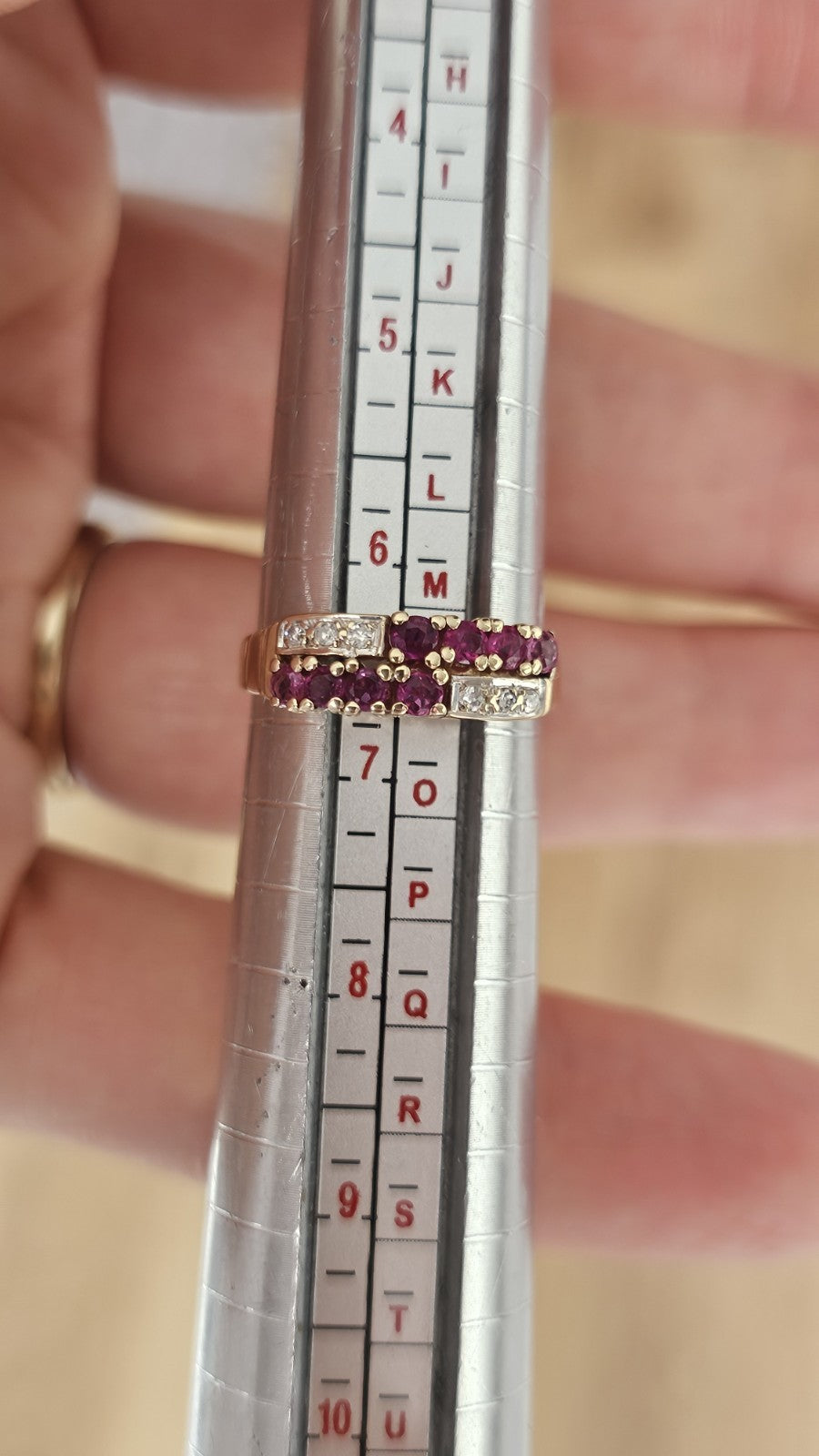 Vintage 1987 ,9ct Yellow Gold Natural Ruby & Diamond Double Row Ring Size M 1/2