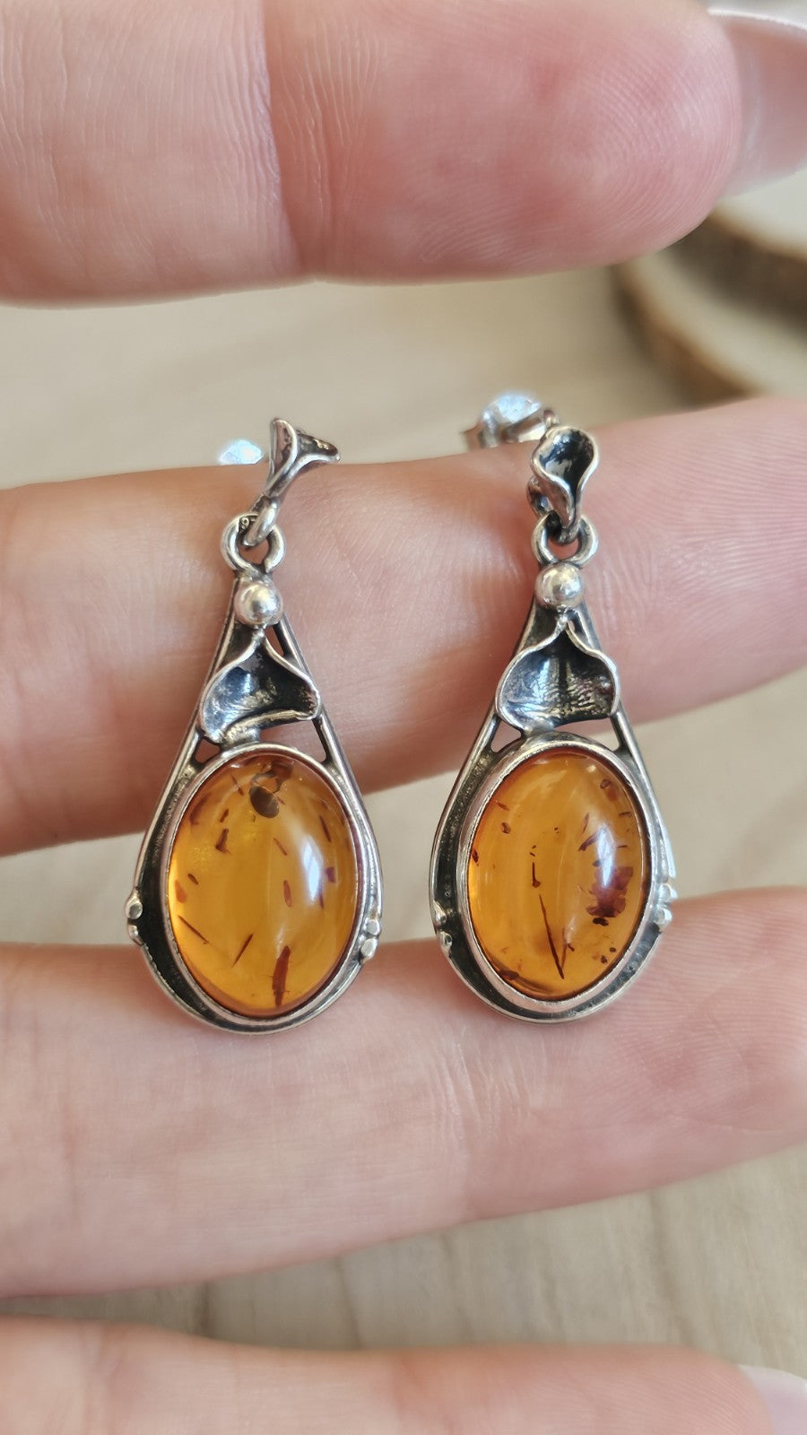 925 Sterling Silver Amber Drop Earrings Floral Design 7.14g 33mm