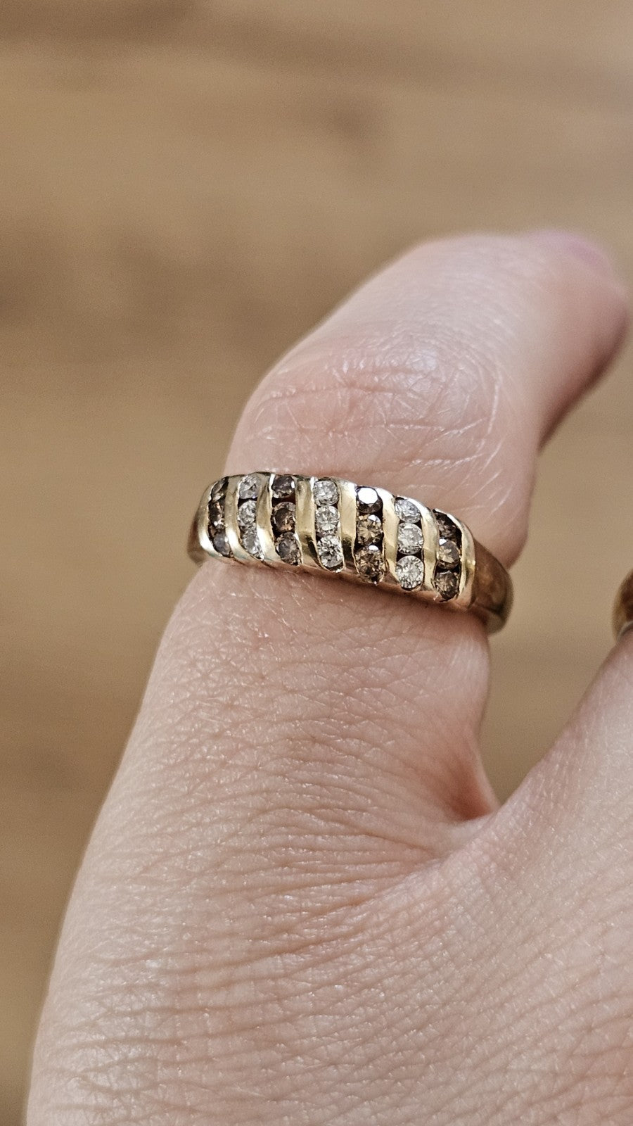9ct Yellow Gold 0.63ct Champagne & White Diamond Three-Row Ring - Size L 1/2