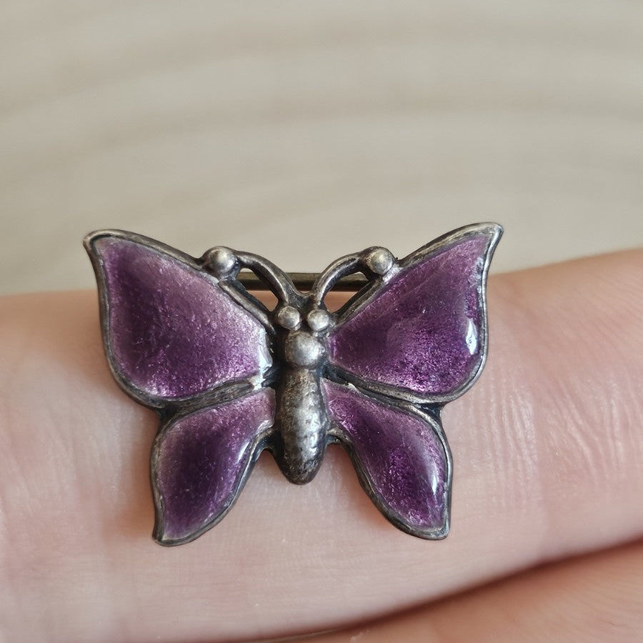 Vintage Silver Purple Enamel Butterfly Brooch Pin 21.6mm 3g