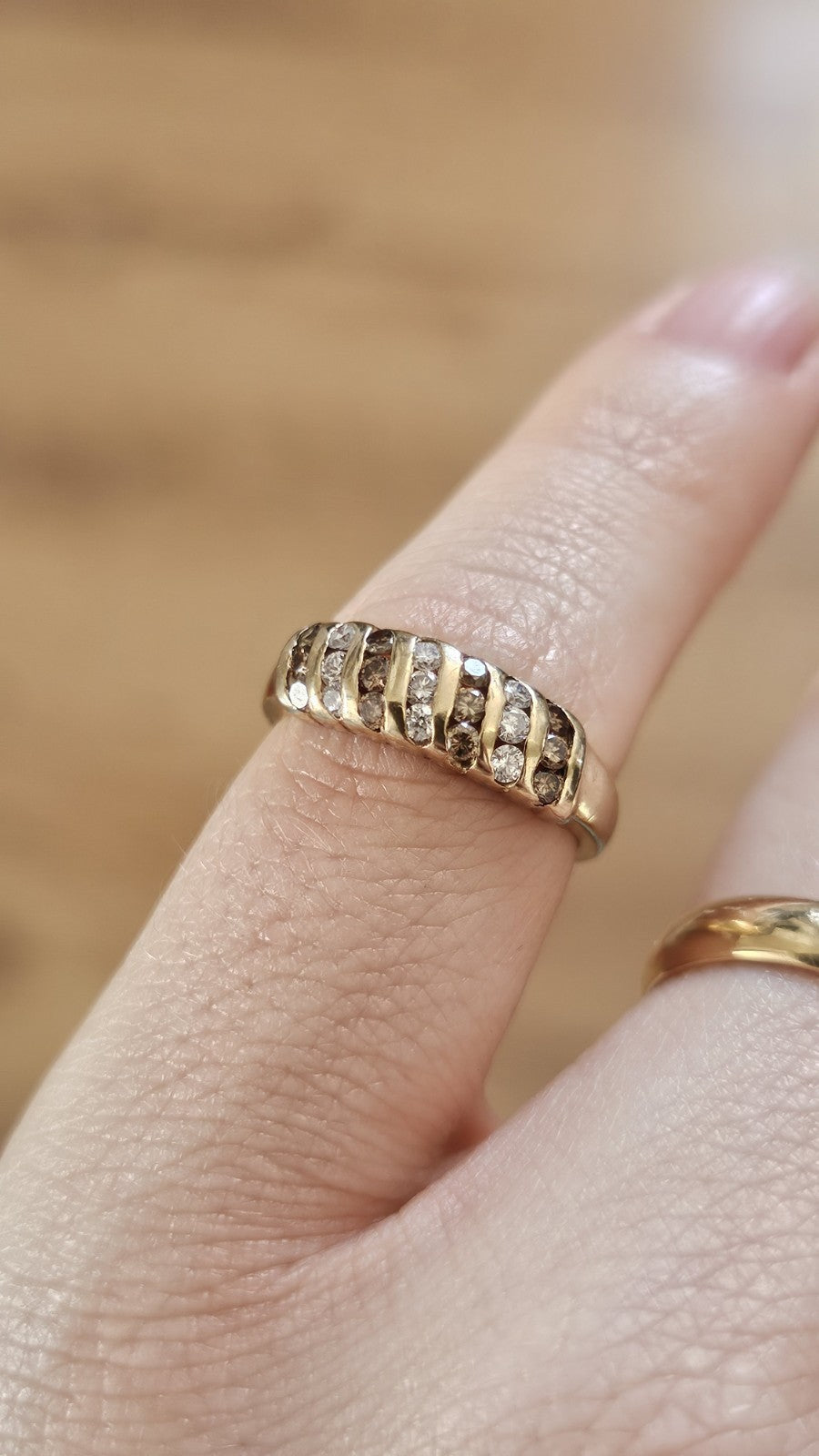 9ct Yellow Gold 0.63ct Champagne & White Diamond Three-Row Ring - Size L 1/2