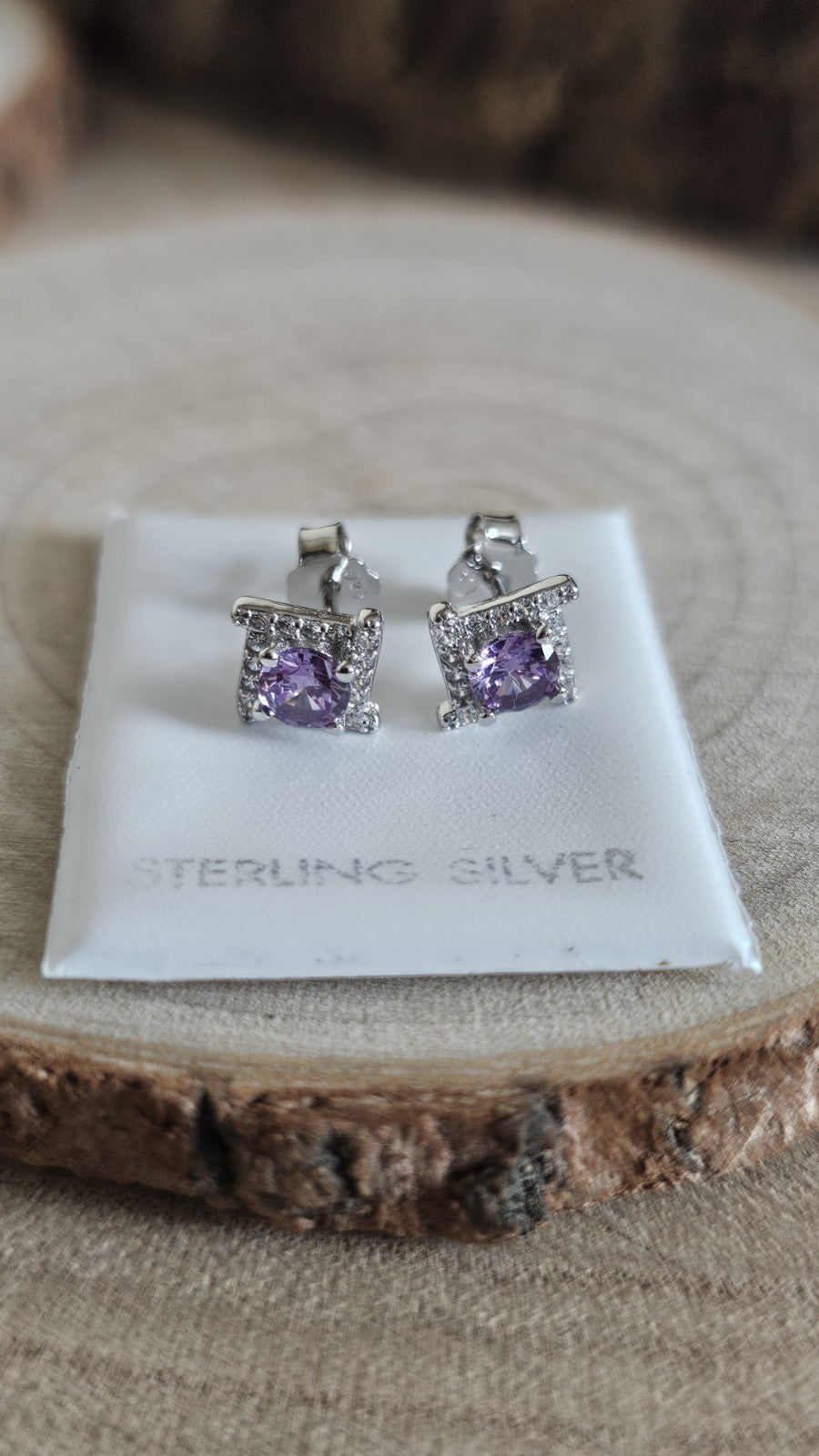 925 Sterling Silver Amethyst CZ Stud Earrings Rhodium Plated 7mm New in Box