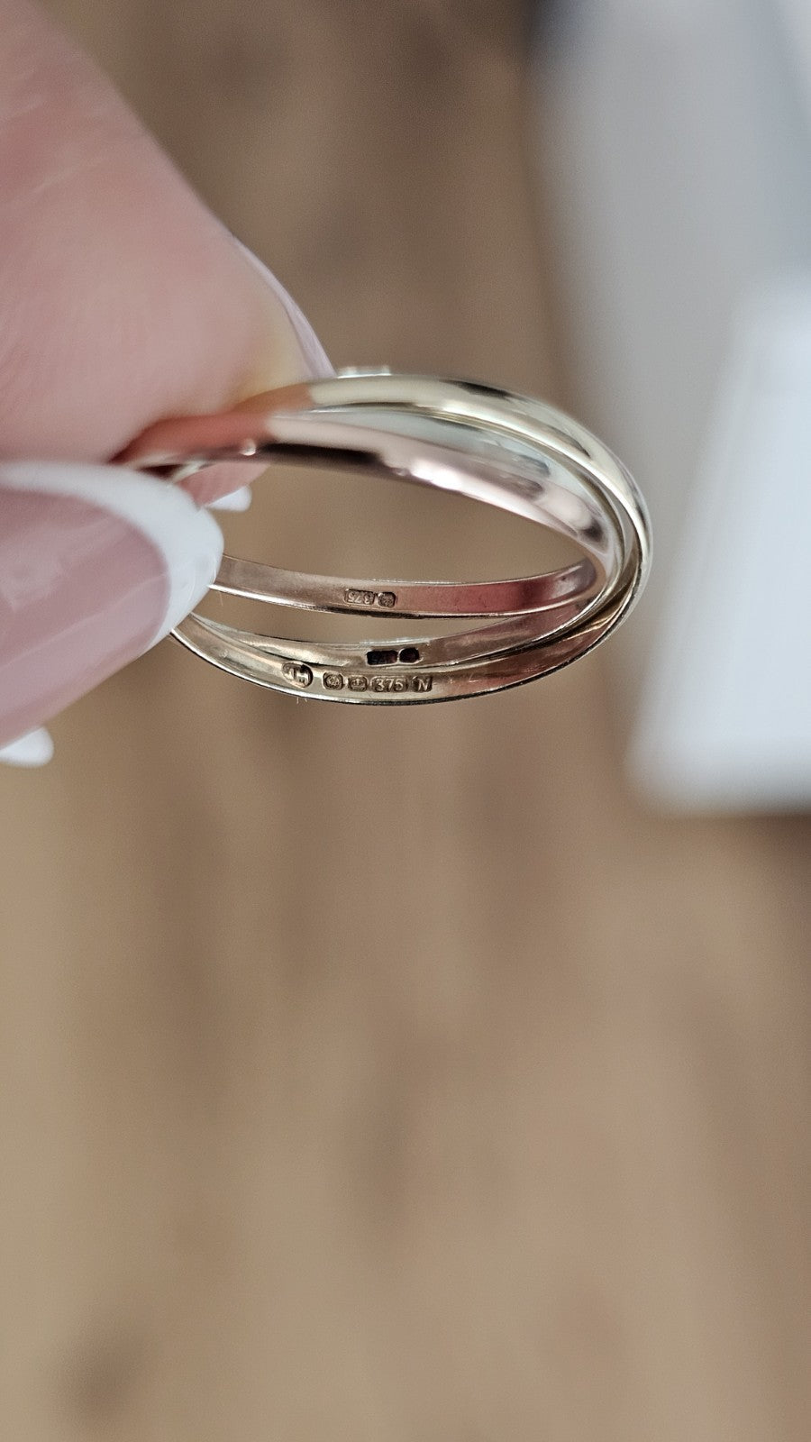 9ct Tri Colour Gold Russian Wedding Ring Triple Interlocking Bands Size K 1/2 