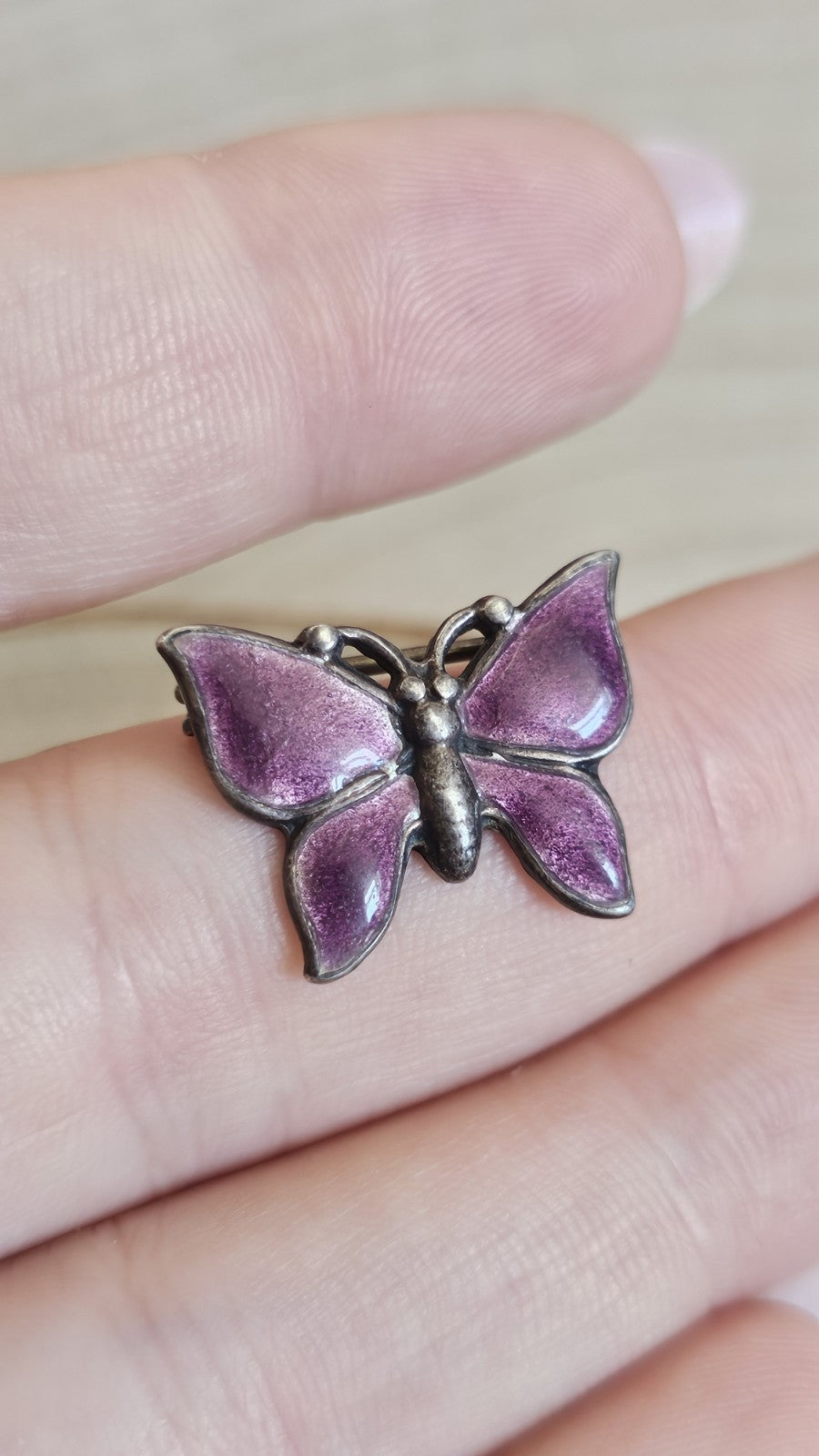 Vintage Silver Purple Enamel Butterfly Brooch Pin 21.6mm 3g