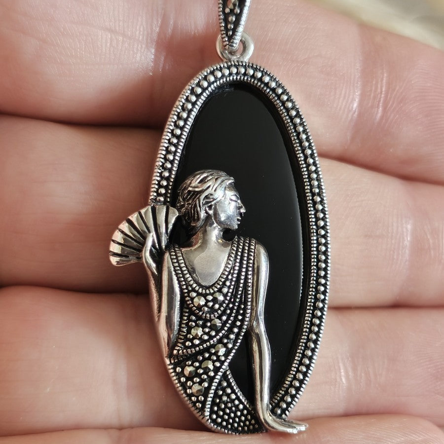 Vintage 925 Sterling Silver Black Onyx Marcasite Lady Pendant Art Deco 12.06g