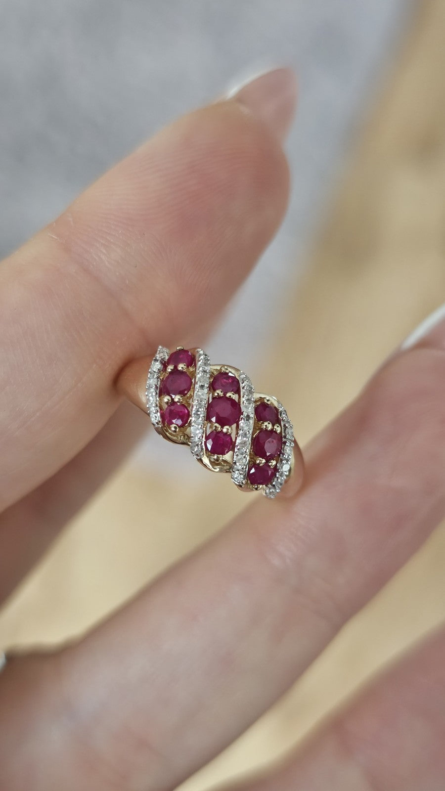 9ct Yellow Gold Natural Ruby & Diamond Ring Size M 1/2 Hallmarked 0.10ct