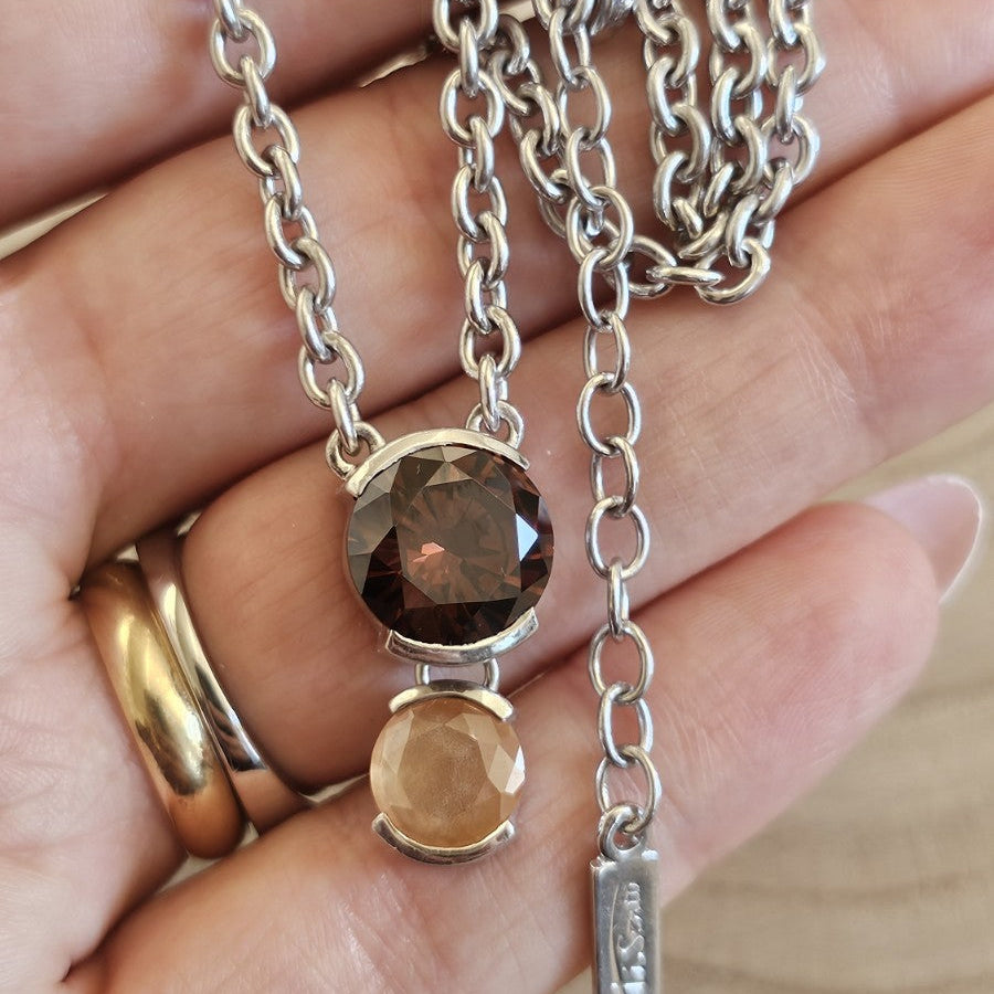 TI SENTO 925 Sterling Silver Brown & Peach Stone Pendant Necklace 16-18"
