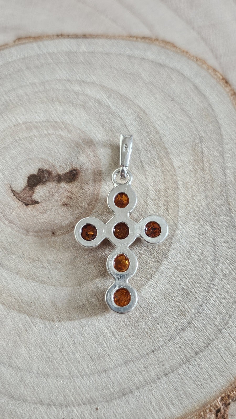 925 Sterling Silver Genuine Amber Cross Pendant Honey Cognac 37.7mm 3.10g