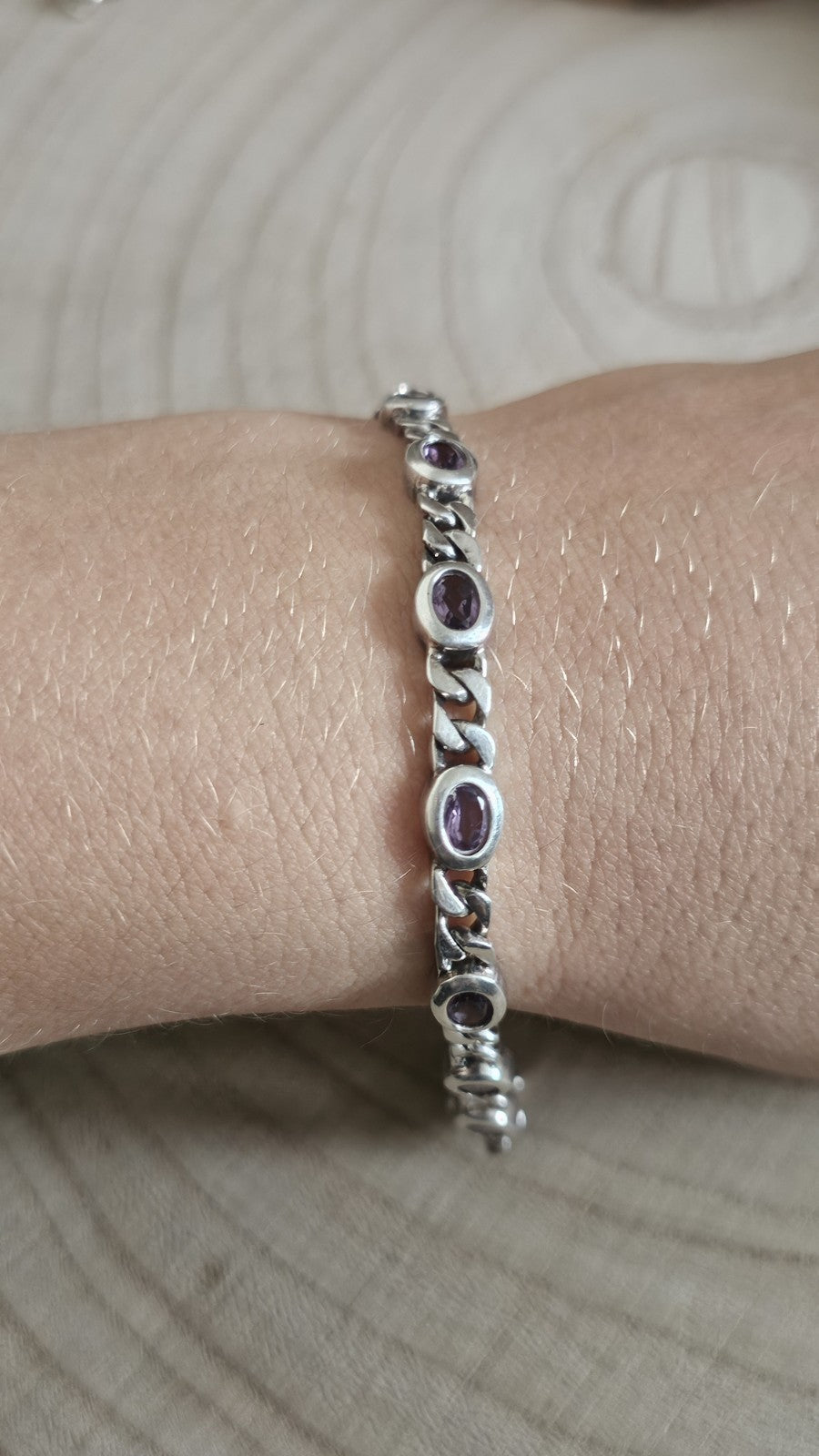925 Sterling Silver Curb Link Amethyst Bracelet 18.5cm Hallmarked 13.39g