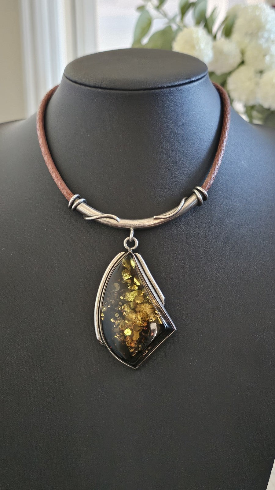 925 Sterling Silver Amber Statement Choker Necklace Leather Cord 15.5" 