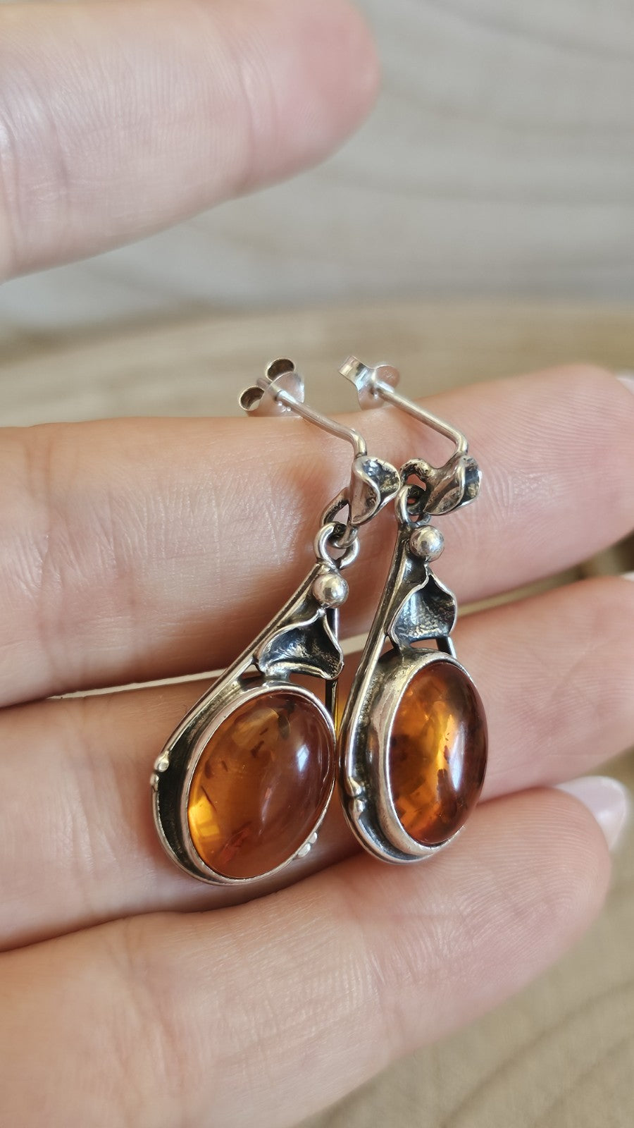 925 Sterling Silver Amber Drop Earrings Floral Design 7.14g 33mm