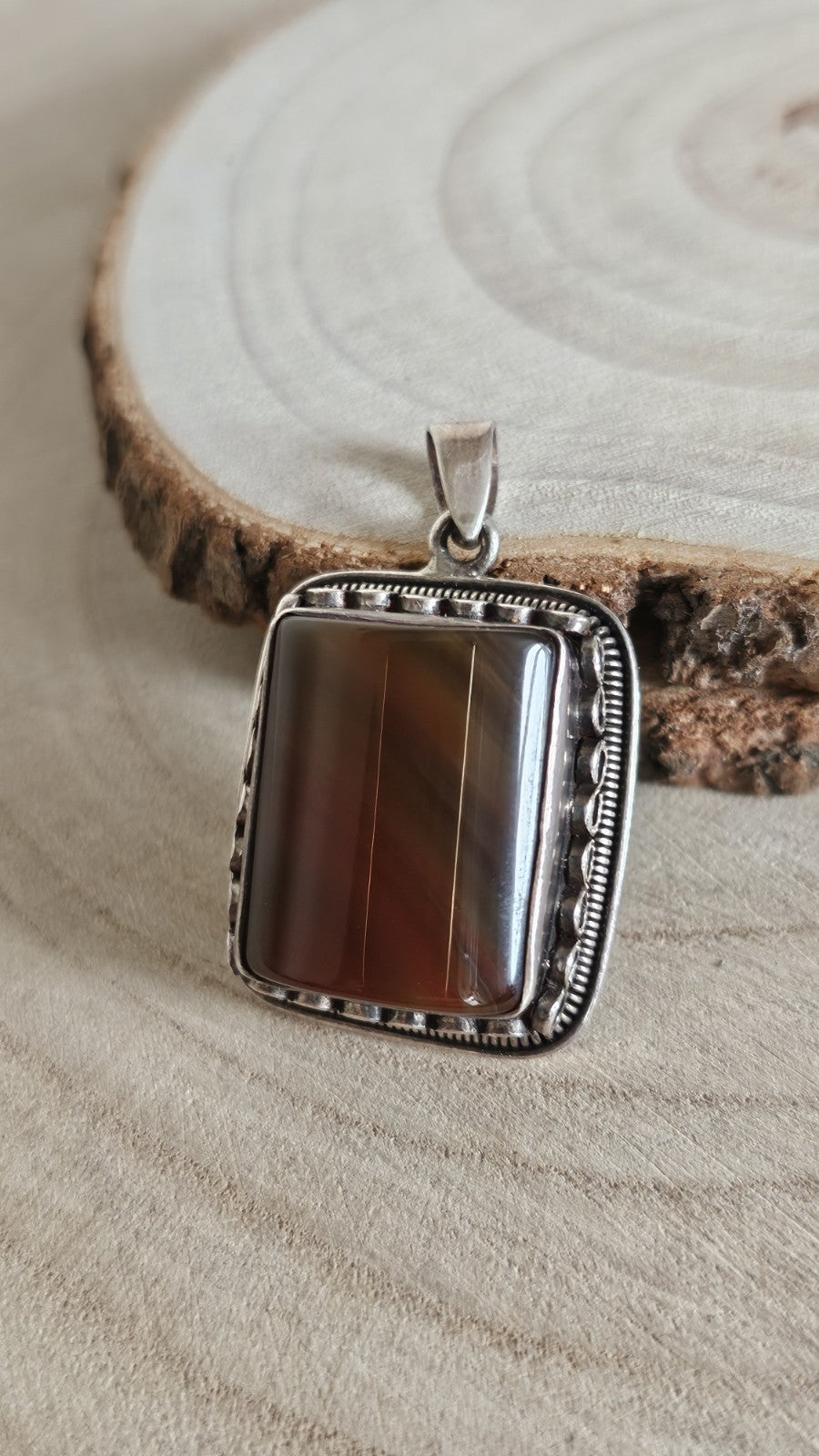 925 Sterling Silver Banded Agate Large Pendant Brown Gemstone 21g