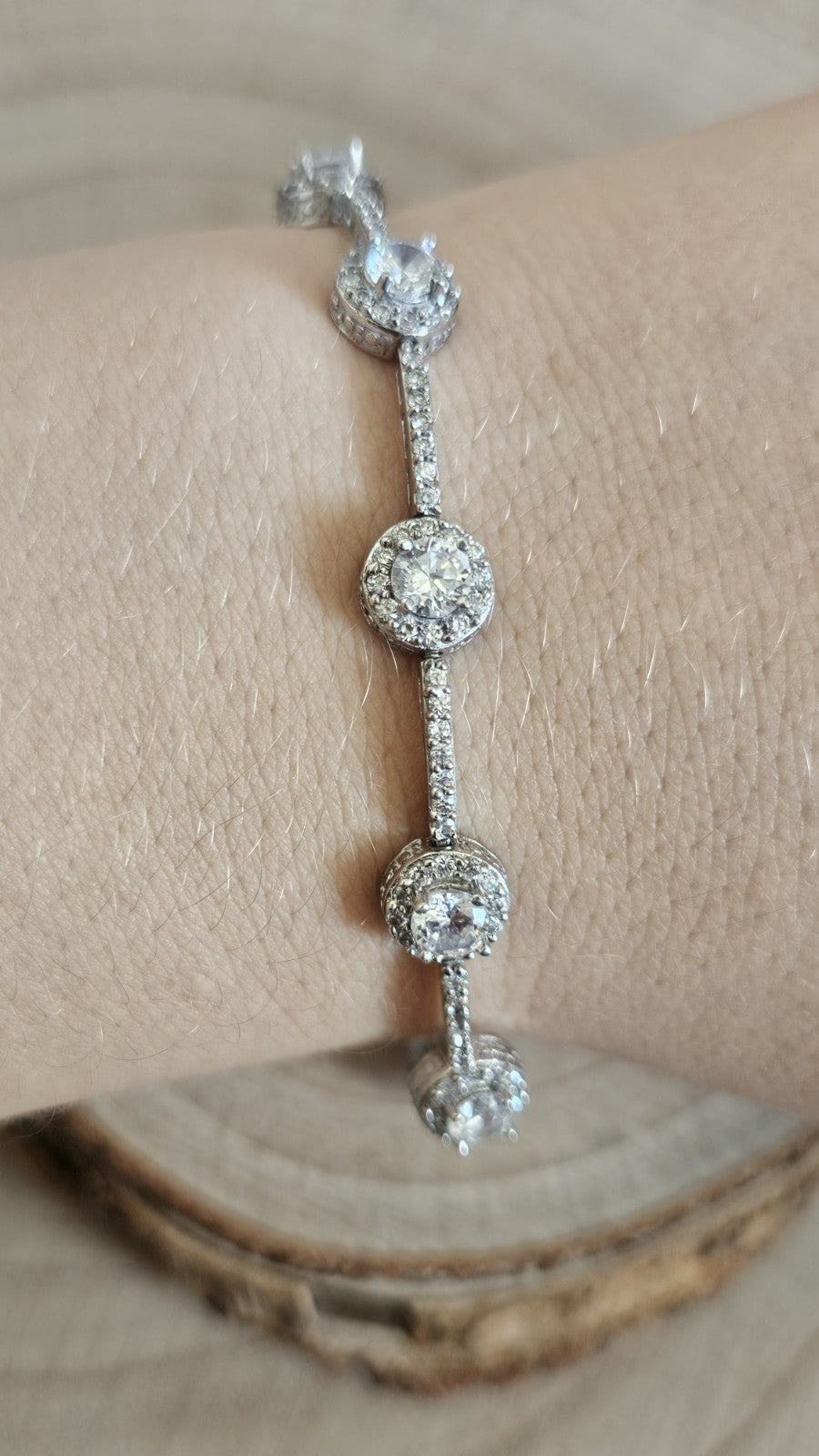 925 Sterling Silver CZ Halo Tennis Bracelet Full Hallmark 18cm 13.56g