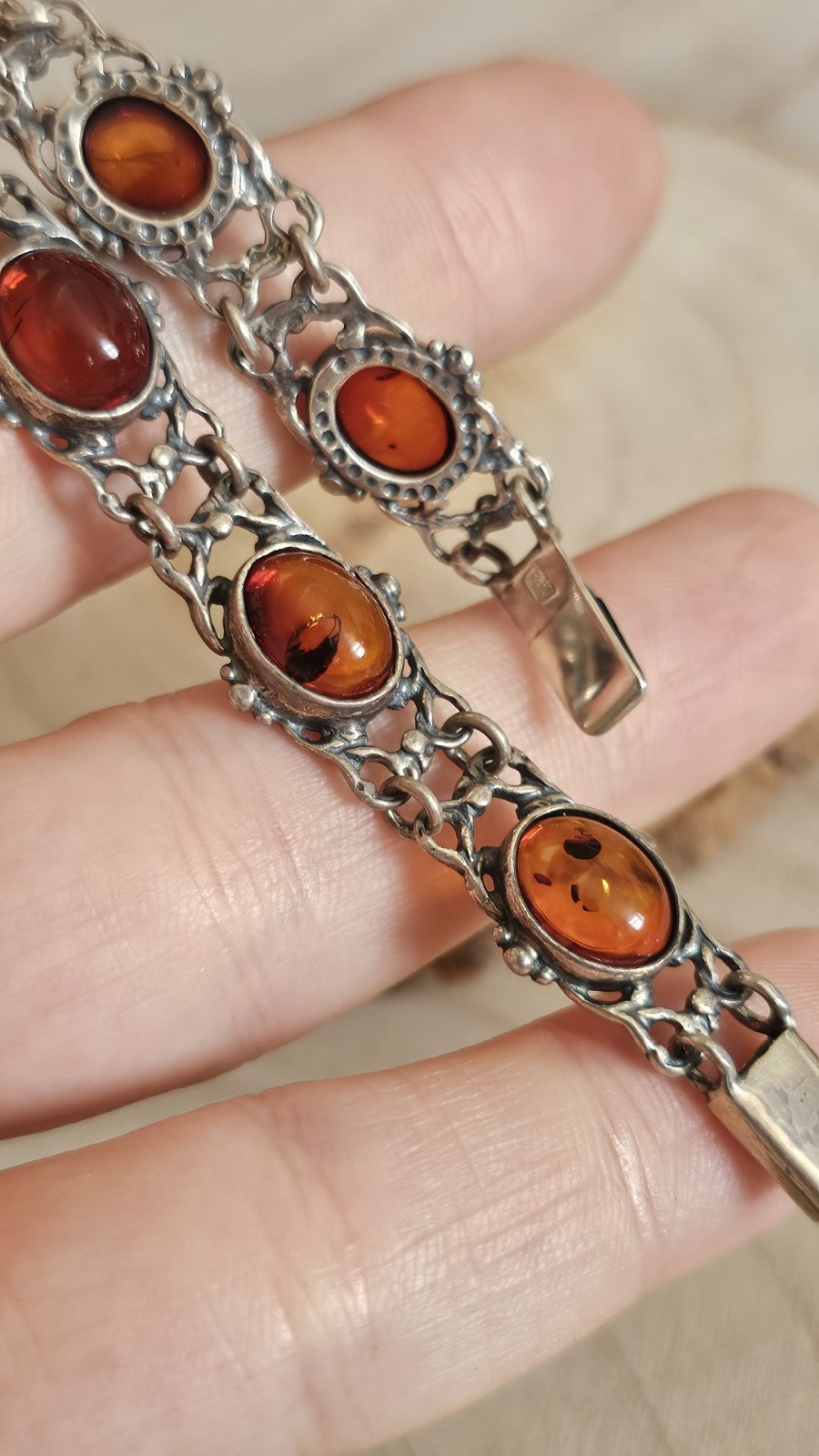Vintage Polish 925 Sterling Silver Amber Bracelet 🧡 Gdańsk Hallmark