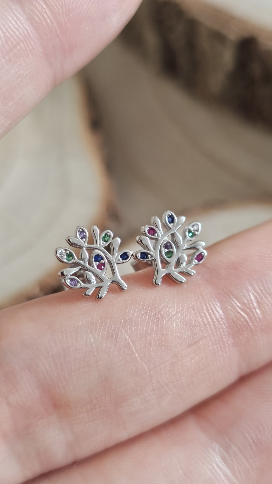 925 Sterling Silver Multicoloured CZ Tree Stud Earrings 10mm, New Boxed