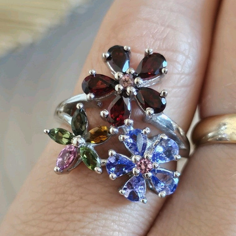 925 Sterling Silver TGGC Multigemstone Floral Ring Size O 5.31g