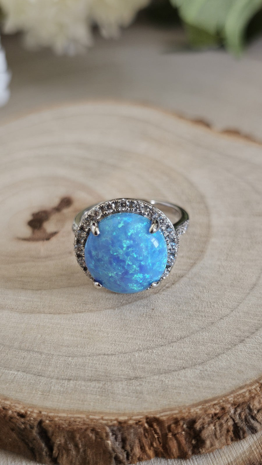 925 Sterling Silver Blue Opal & Zircon Halo Ring Size N 1/2 4.92g