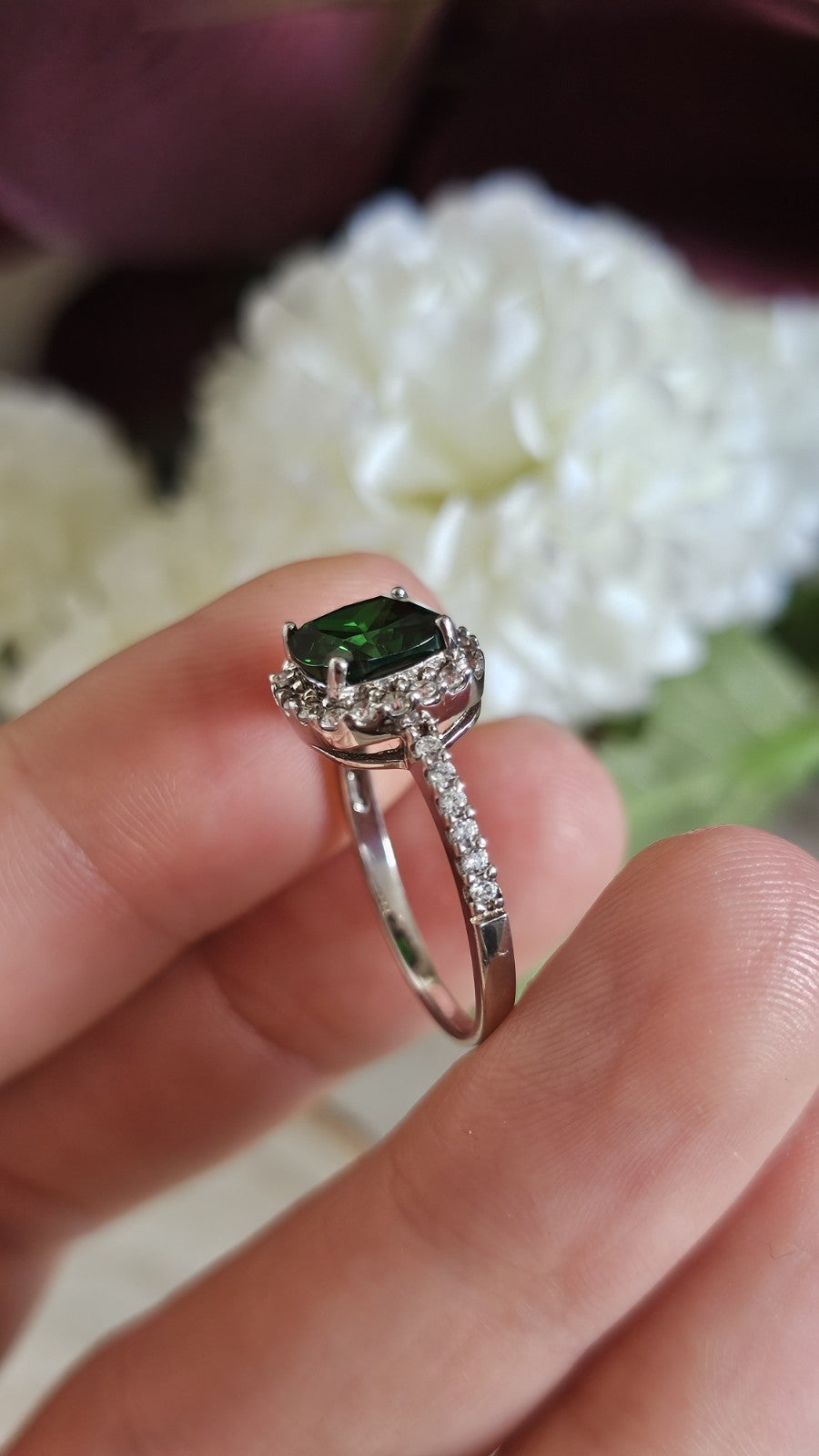 925 Sterling Silver Green CZ Halo Ring Size Q Cushion Cut 3.06g