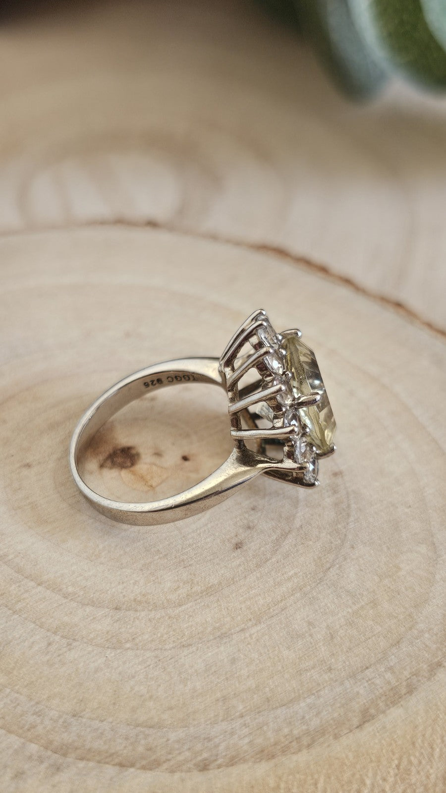 TGGC 925 Sterling Silver Green Amethyst/Prasiolite Halo Ring, Size N 1/2