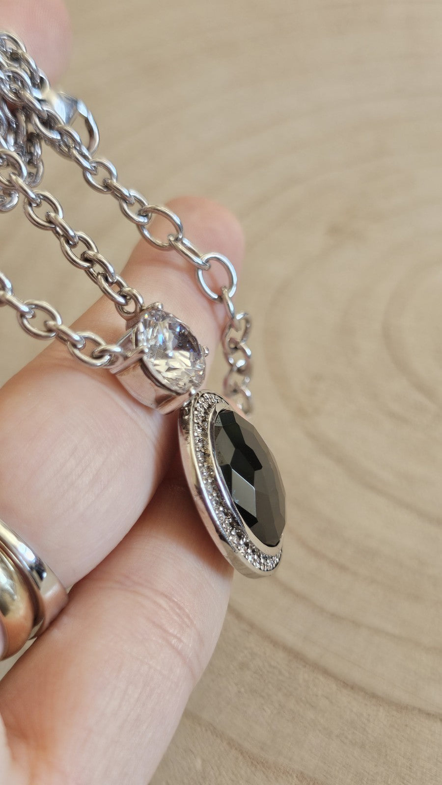 TI SENTO  Sterling Silver Black & Clear Stone Pendant Necklace 19-20.5", 29.76g 