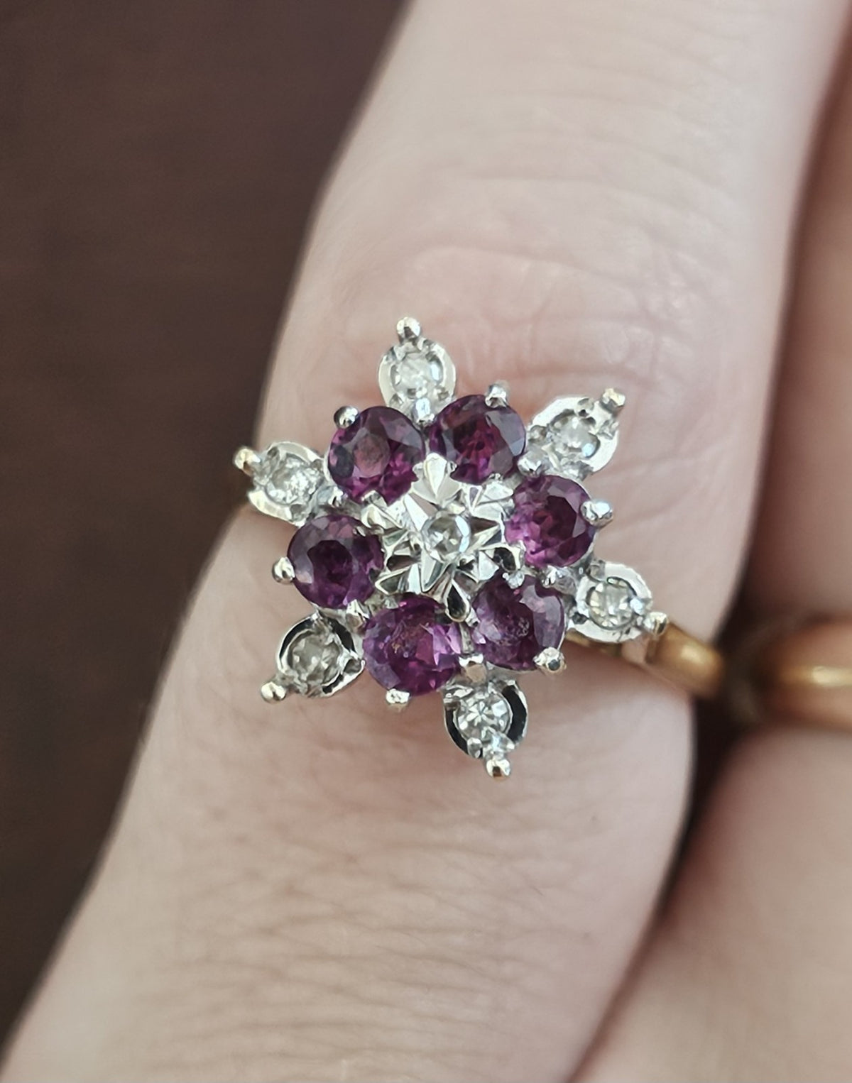 Vintage 9ct Yellow Gold Natural Ruby & Diamond Cluster Ring | Size N
