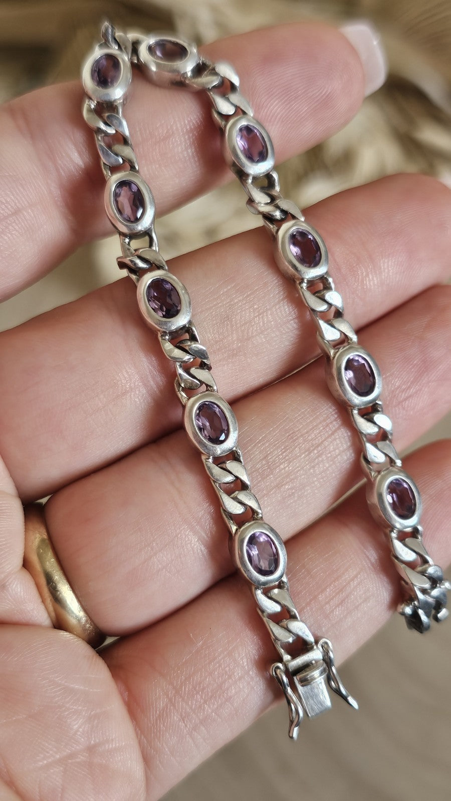 925 Sterling Silver Curb Link Amethyst Bracelet 18.5cm Hallmarked 13.39g