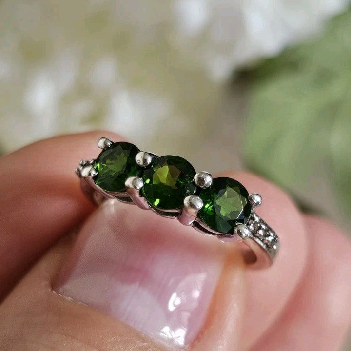 925 Sterling Silver Chrome Diopside Trilogy Ring Size L 1/2 TGGC 2.56g