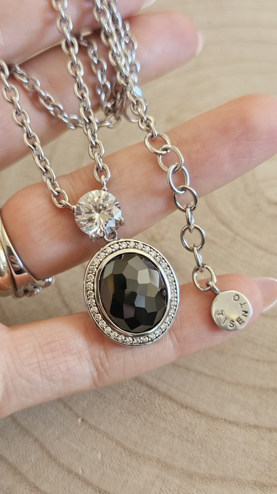 TI SENTO  Sterling Silver Black & Clear Stone Pendant Necklace 19-20.5", 29.76g 