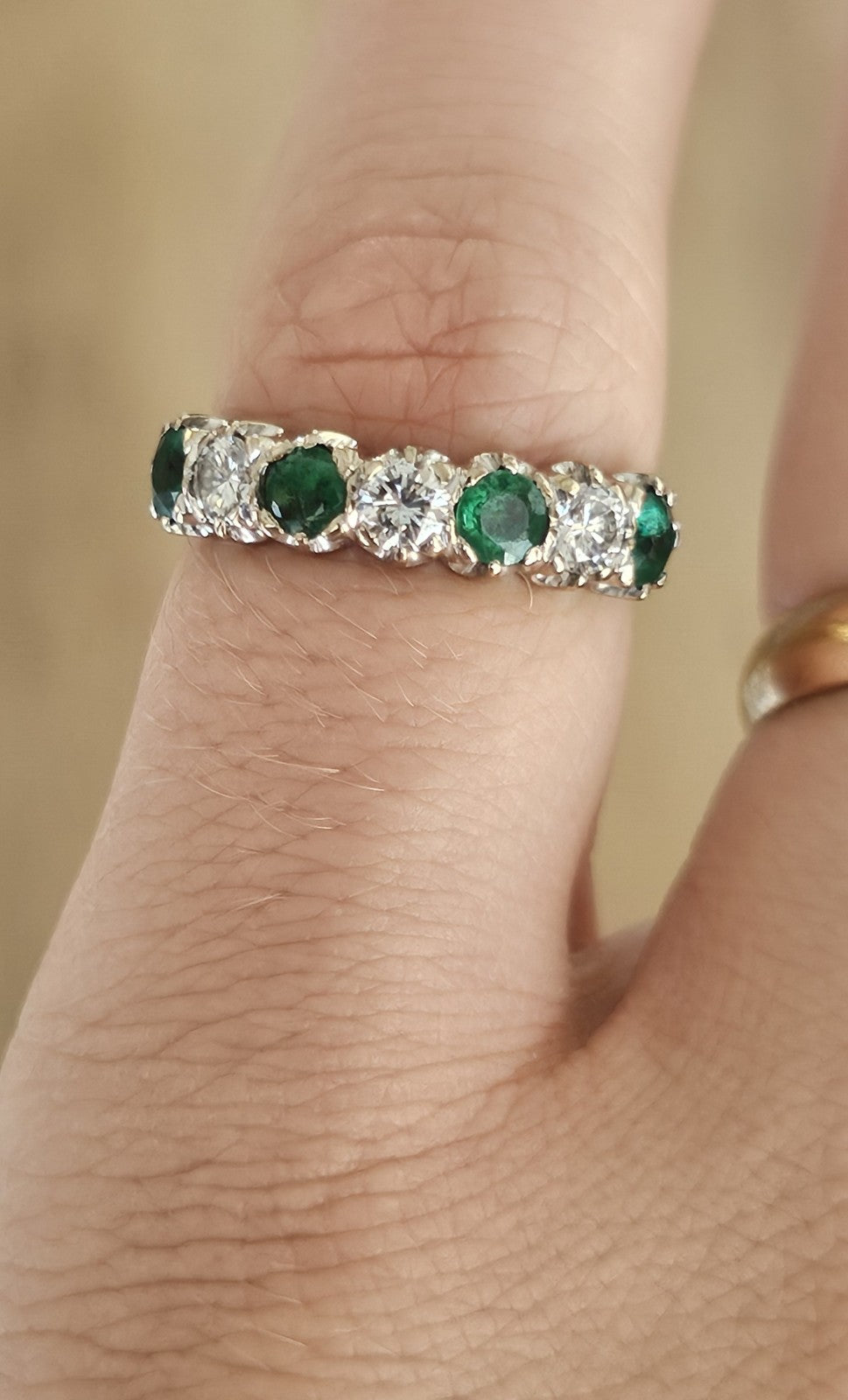 Vintage 18ct Gold Emerald & Diamond Seven-Stone Half Eternity Ring,size M 1/2