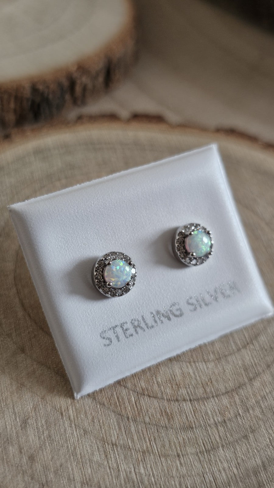 925 Sterling Silver White Opal CZ Halo Stud Earrings 6.6mm