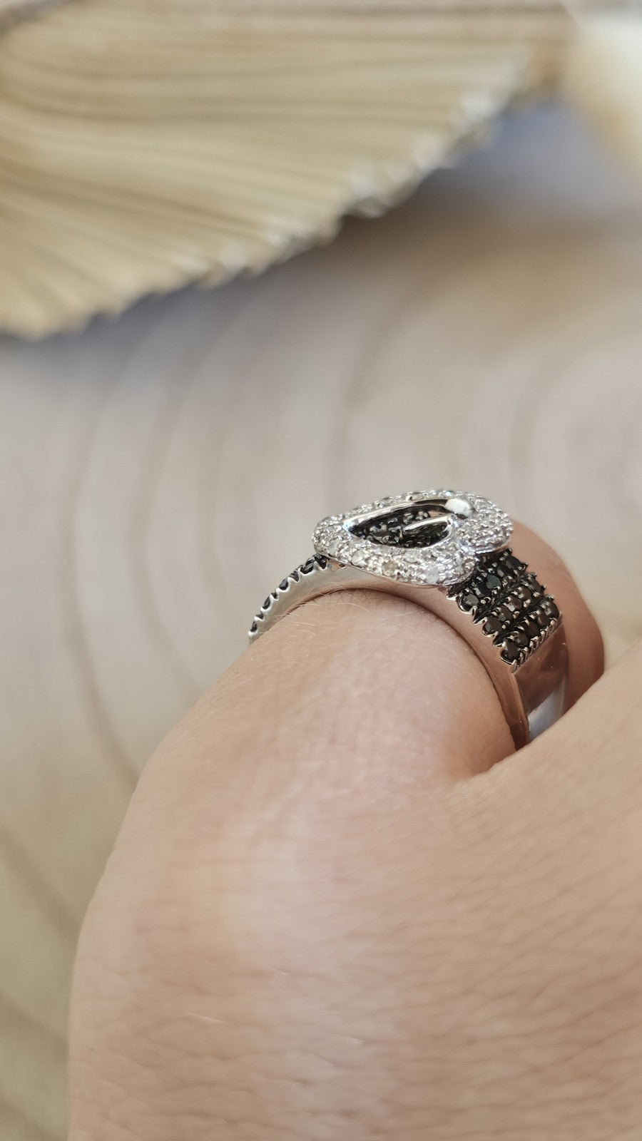 Sterling Silver Natural Black & Clear Diamond Buckle Ring Size N 1/2