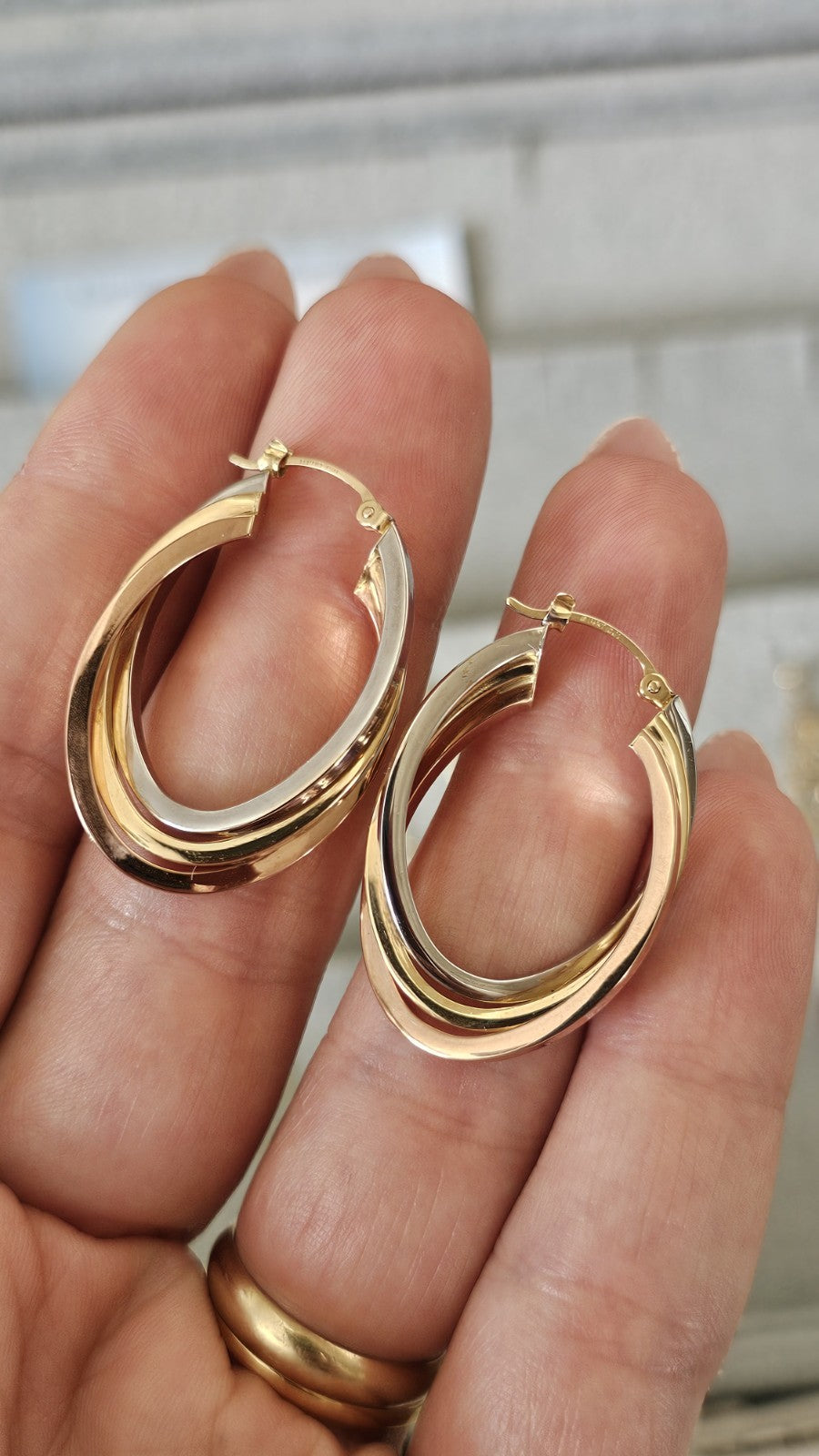 14ct Tri Colour Gold Triple Hoop Earrings 4.79g 33.5mm 14K Rose White Yellow
