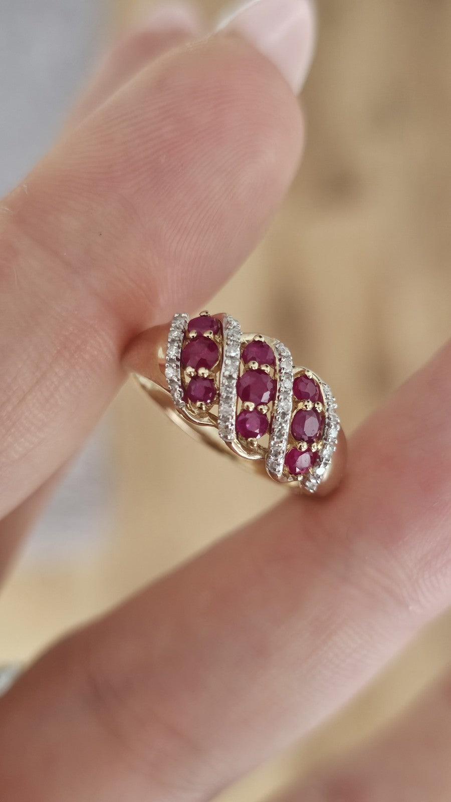 9ct Yellow Gold Natural Ruby & Diamond Ring Size M 1/2 Hallmarked 0.10ct