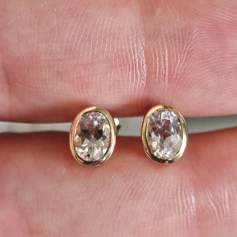 9ct Yellow Gold Glacier Topaz 1.776ct Oval Stud Earrings 9K Certified