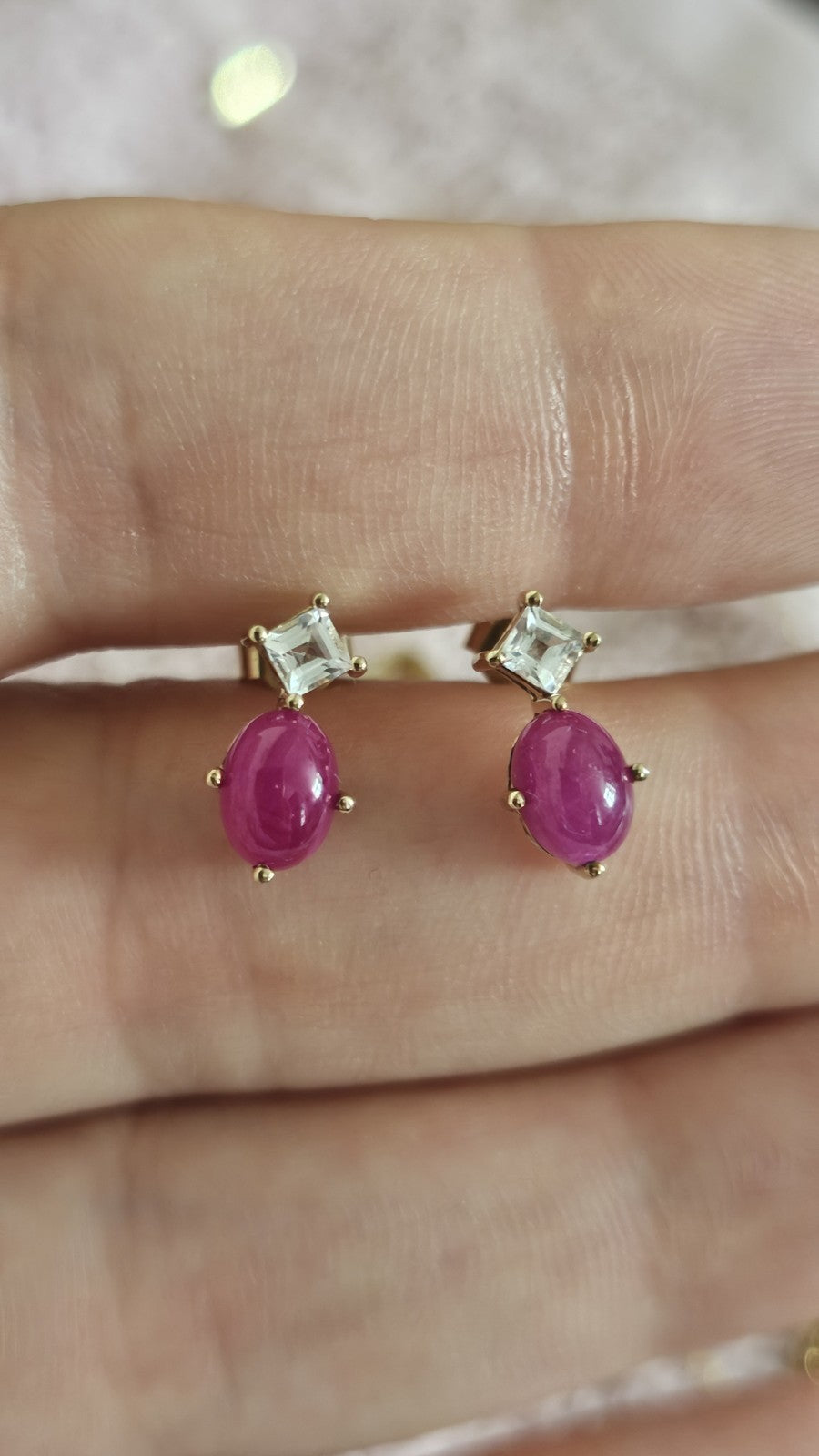9ct Yellow Gold Natural Ruby & White Topaz Drop Stud Earrings – 1.68g