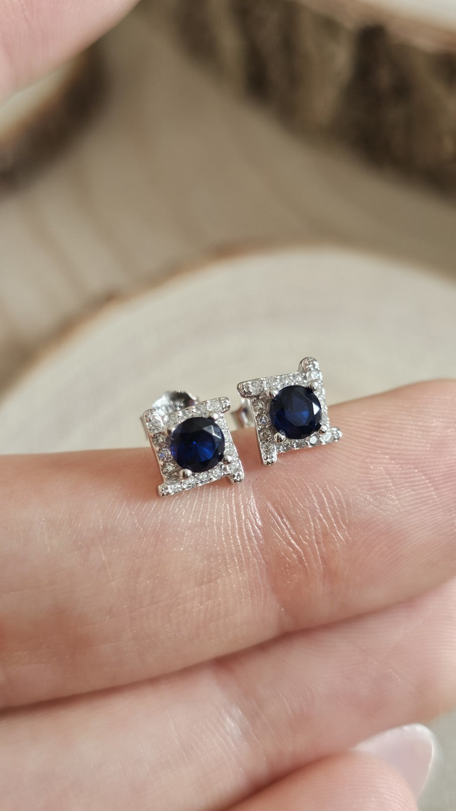 925 Sterling Silver Blue CZ Square Halo Stud Earrings Rhodium Plated 7mm New