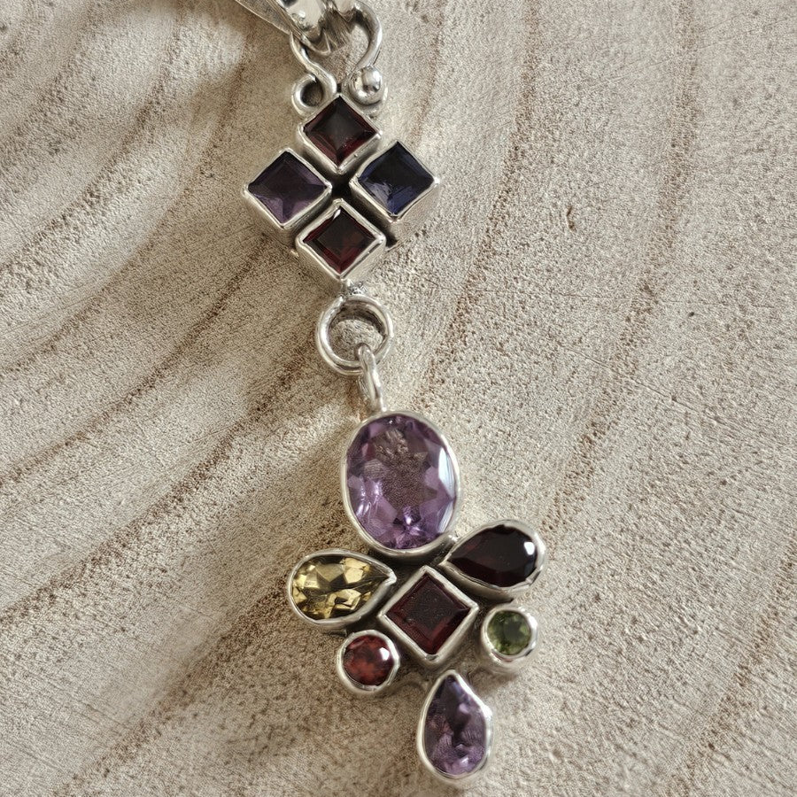 925 Sterling Silver Multi Gemstone Long Pendant Amethyst Garnet Iolite Citrine
