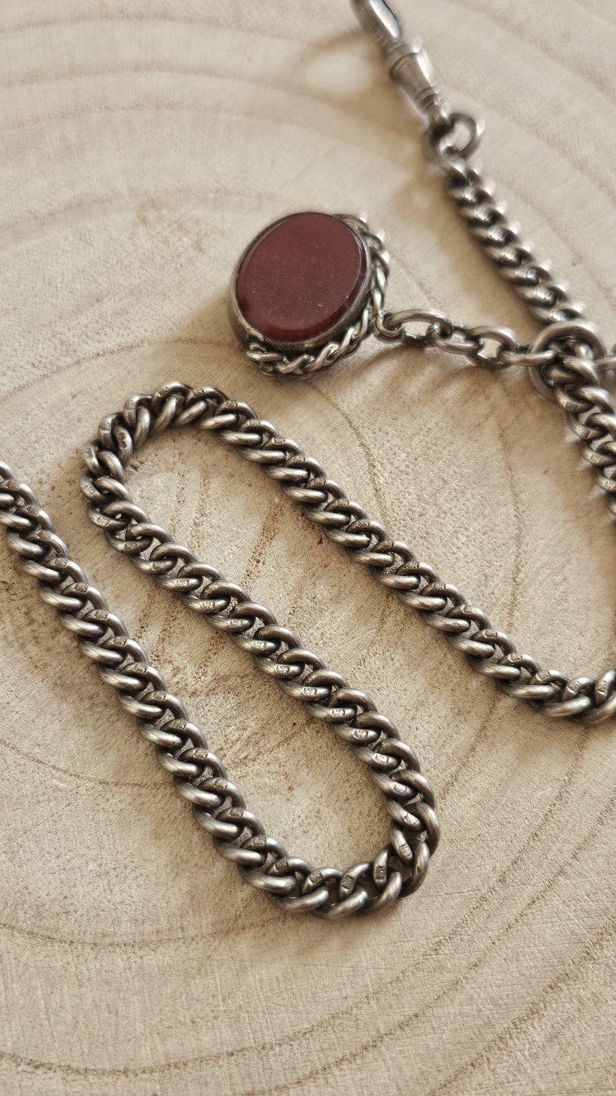 Antique 1926 Chester Sterling Albert Watch Chain 1923 Carnelian Bloodstone Fob