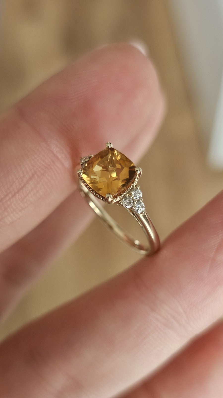 9ct Yellow Gold Natural Citrine & 0.13ct Diamond Ring Size K 1/2 Hallmarked