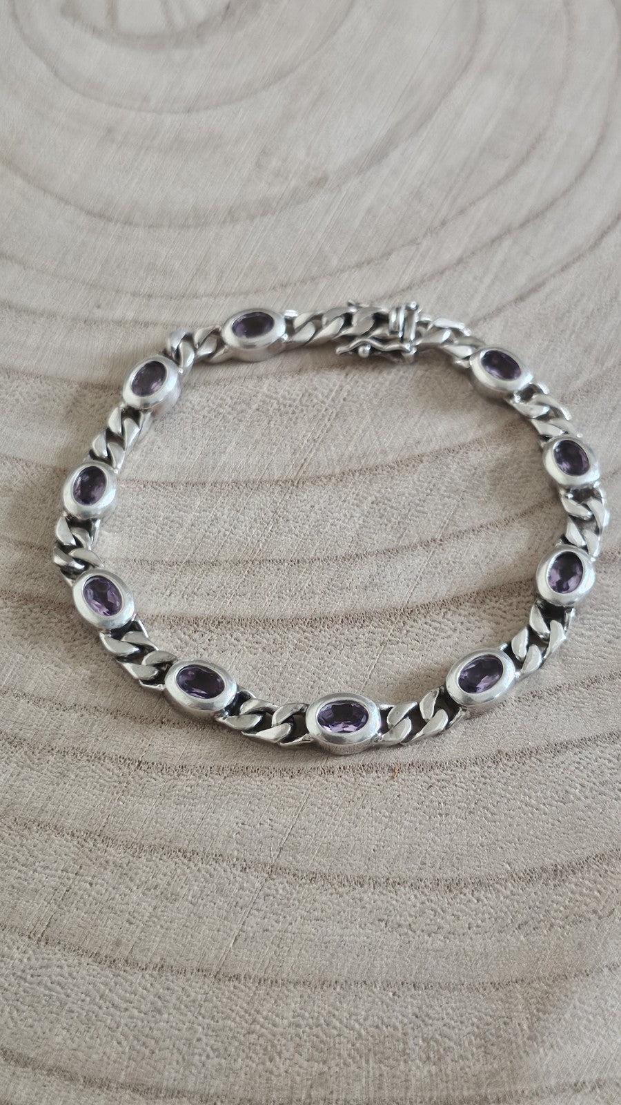 925 Sterling Silver Curb Link Amethyst Bracelet 18.5cm Hallmarked 13.39g