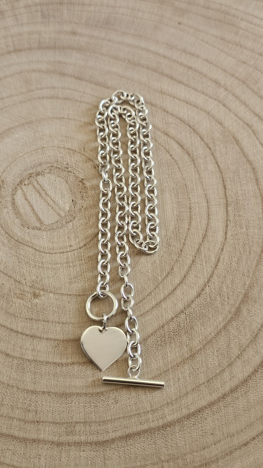 925 Sterling Silver Chunky Heart Pendant Necklace T-Bar Hallmarked 27.61g