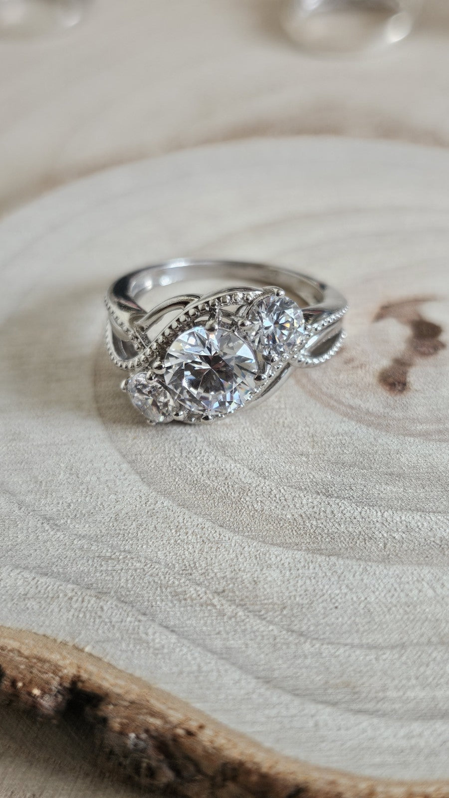 925 Sterling Silver Three Stone CZ Trilogy Crossover Ring – Size O – 4.95g