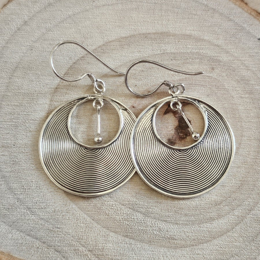 925 Sterling Silver Large Spiral Disc Drop Earrings Circular Dangle 3.64g
