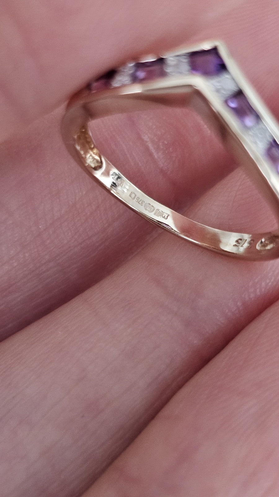 9ct Yellow Gold Natural Amethyst & Diamond Wishbone Ring Size K Hallmarked