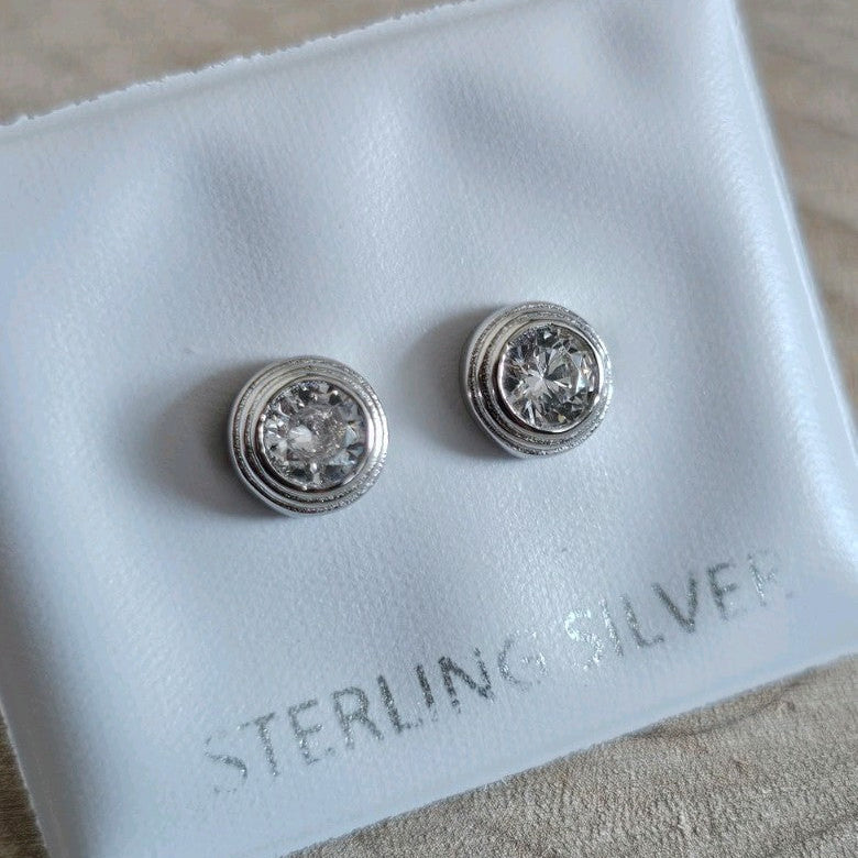 925 Sterling Silver CZ Round 6mm Stud Earrings Rhodium Plated New