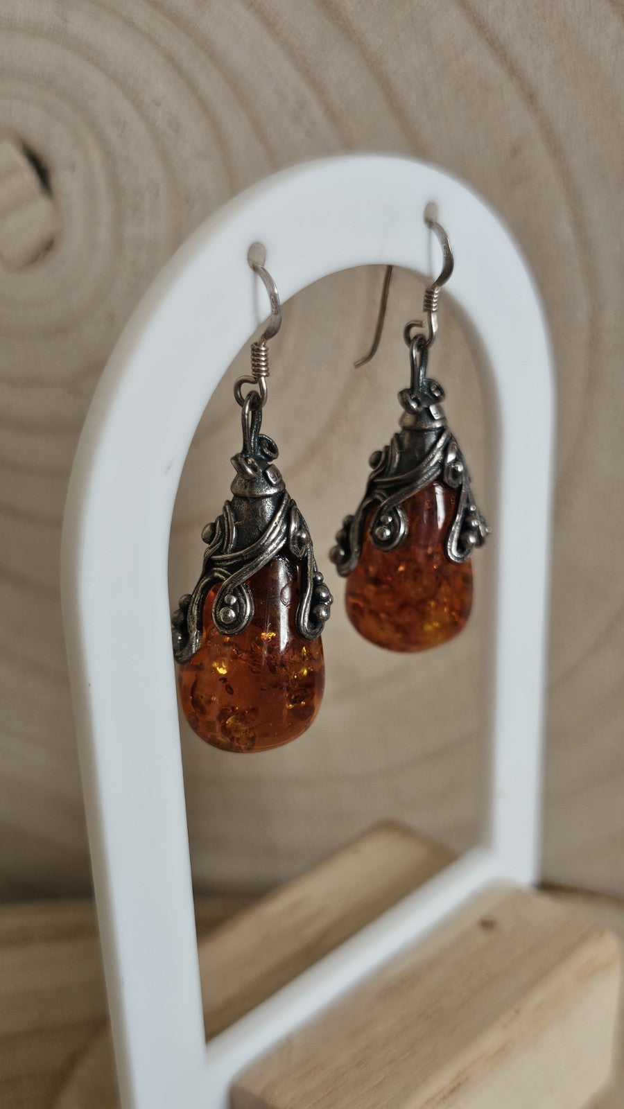Vintage 925 Sterling Silver Amber Drop Earrings Ornate Dangle 13.57g