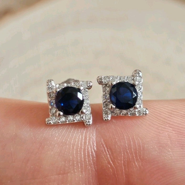 925 Sterling Silver Blue CZ Square Halo Stud Earrings Rhodium Plated 7mm New