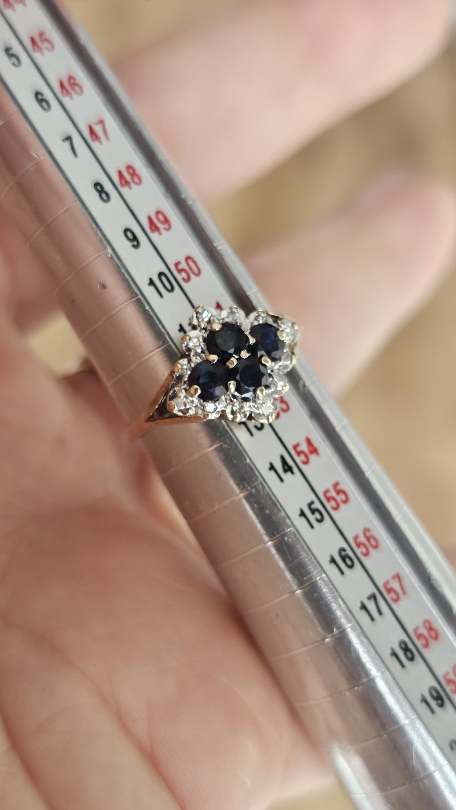 Vintage 9ct Yellow Gold Natural Sapphire & Diamond Cluster Ring – Size L 1/2